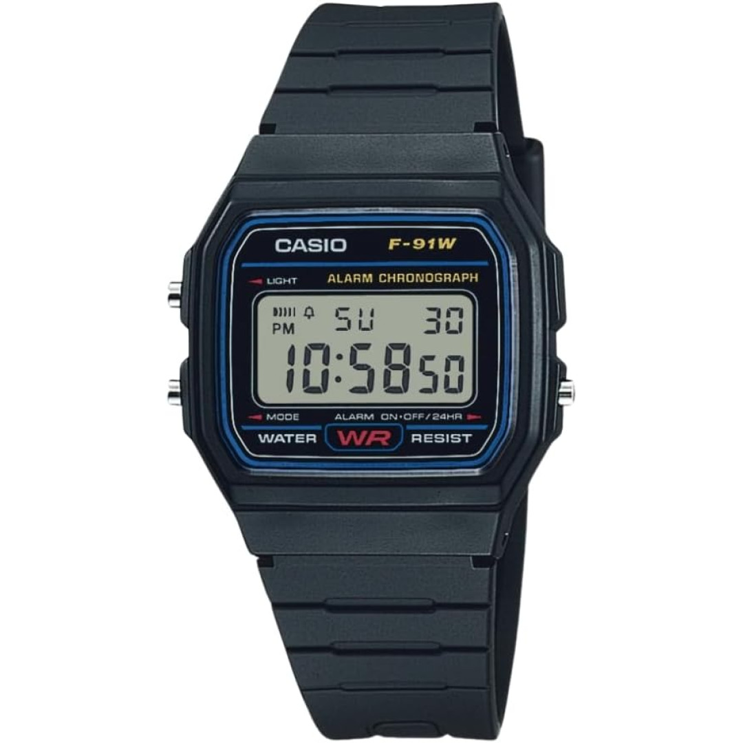 Casio Série F91W | Relógio digital | Resistente à água | Luz LED | Cronômetro de 1/100 SEC | Tempo regular (HR, min, SEC, PM, data, dia) | Alarme diário | Leve | Bateria de 7 anos